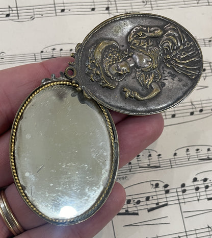Antique Art Nouveau French Sliding Mirror Pendant Woman Bird c1910