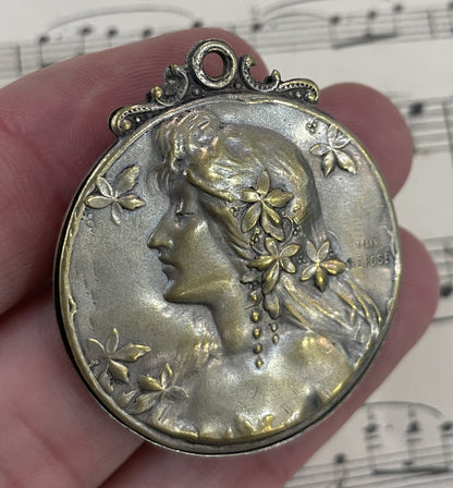 Antique Art Nouveau French Sliding Mirror Pendant Woman Signed Leleu c1900