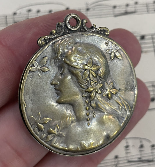 Antique Art Nouveau French Sliding Mirror Pendant Woman Signed Leleu c1900
