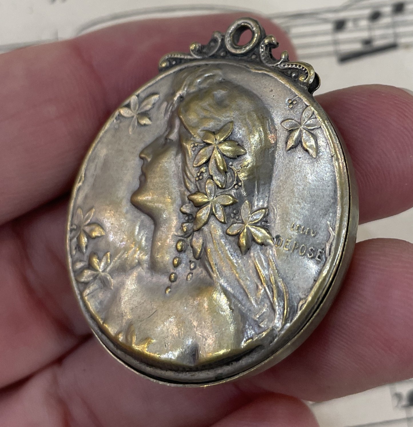 Antique Art Nouveau French Sliding Mirror Pendant Woman Signed Leleu c1900