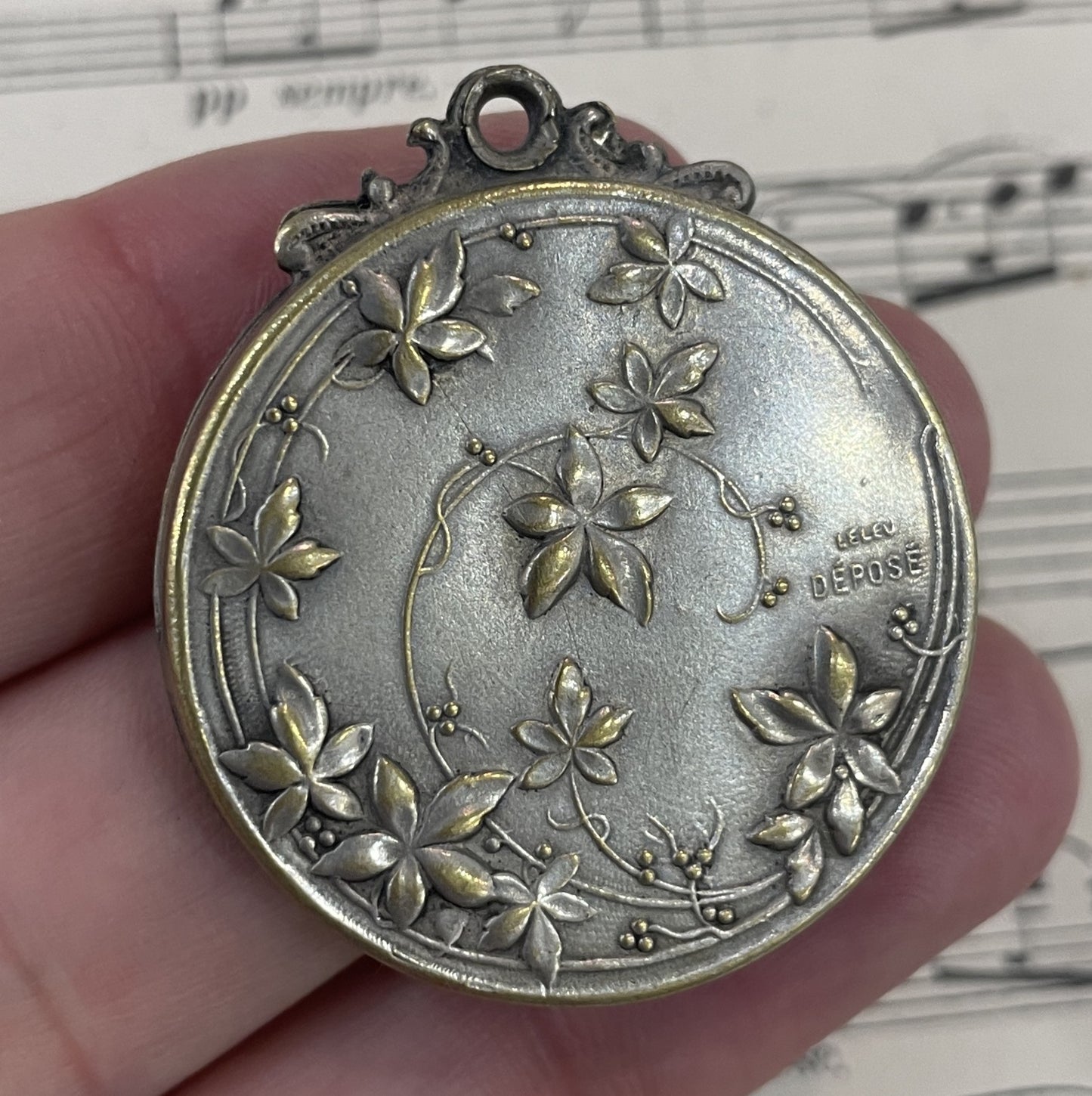 Antique Art Nouveau French Sliding Mirror Pendant Woman Signed Leleu c1900