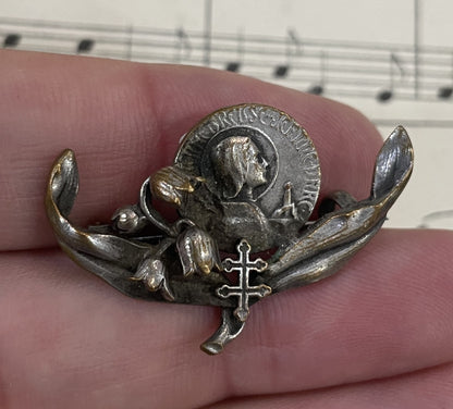 Antique French Art Nouveau Joan of Arc Pin / Brooch Lily Alsatian Cross c1920