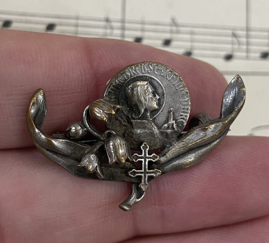 Antique French Art Nouveau Joan of Arc Pin / Brooch Lily Alsatian Cross c1920