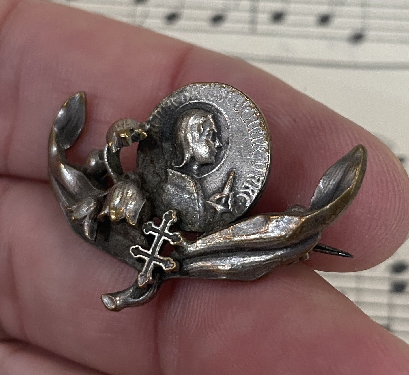 Antique French Art Nouveau Joan of Arc Pin / Brooch Lily Alsatian Cross c1920