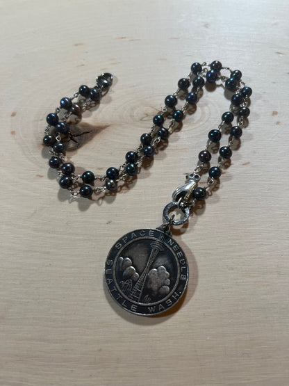 Vintage Seattle Space Needle necklace with pearl chain