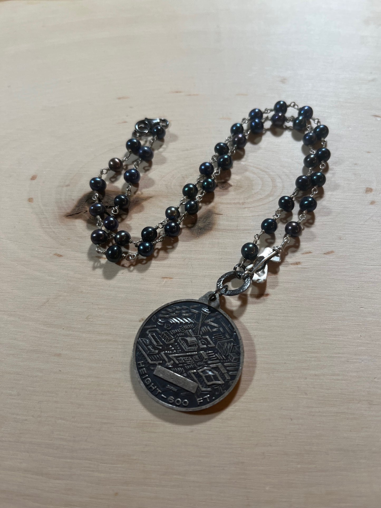 Vintage Seattle Space Needle necklace with pearl chain