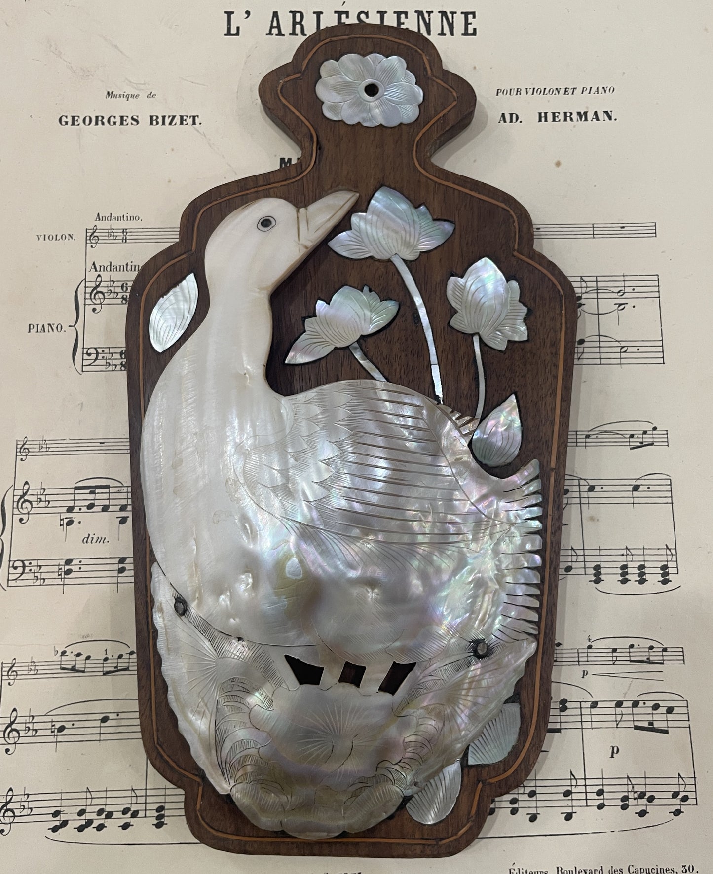 Rare Antique French Mother of Pearl Duck Fan Holder Curiosity c1920