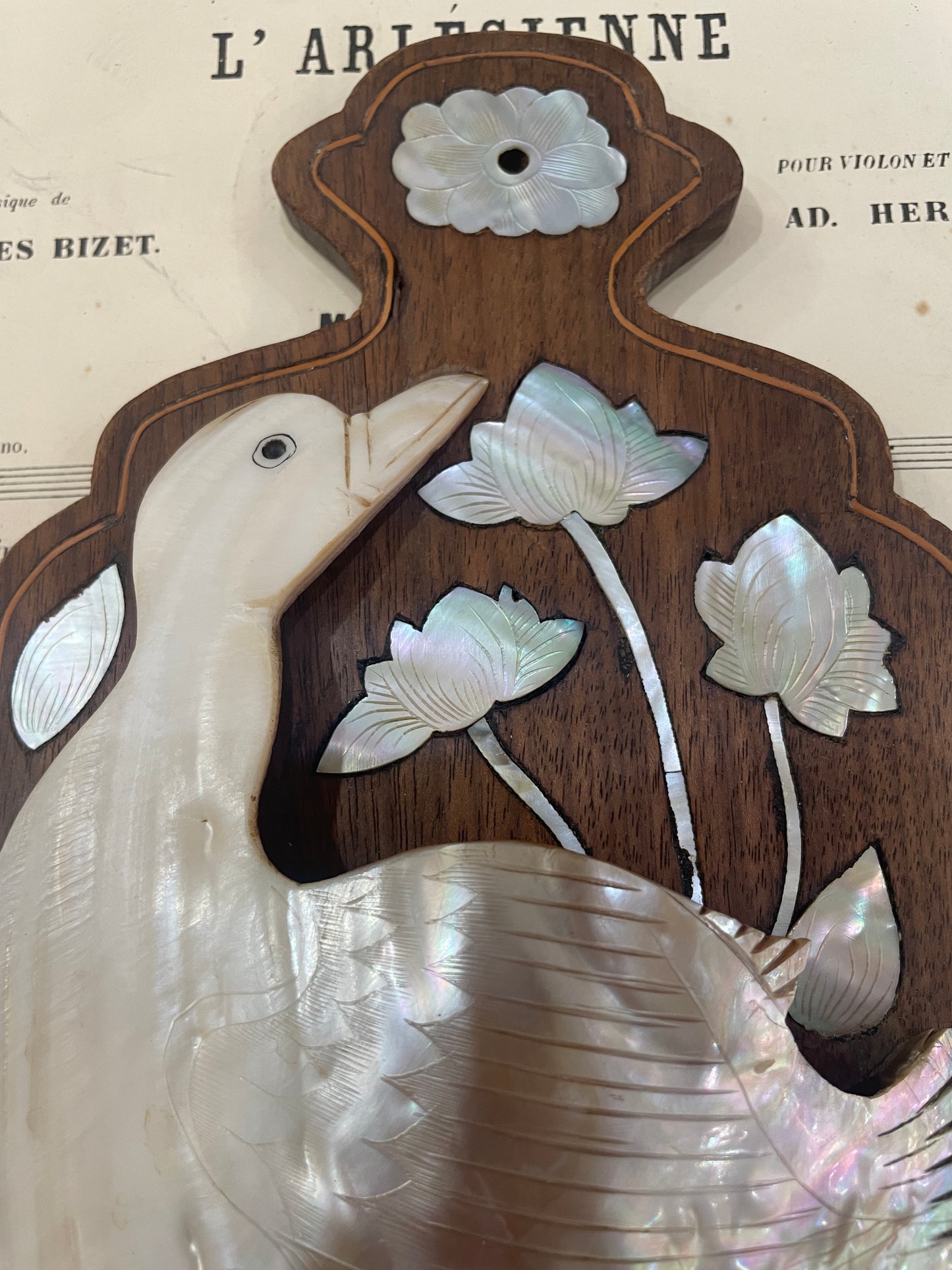 Rare Antique French Mother of Pearl Duck Fan Holder Curiosity c1920