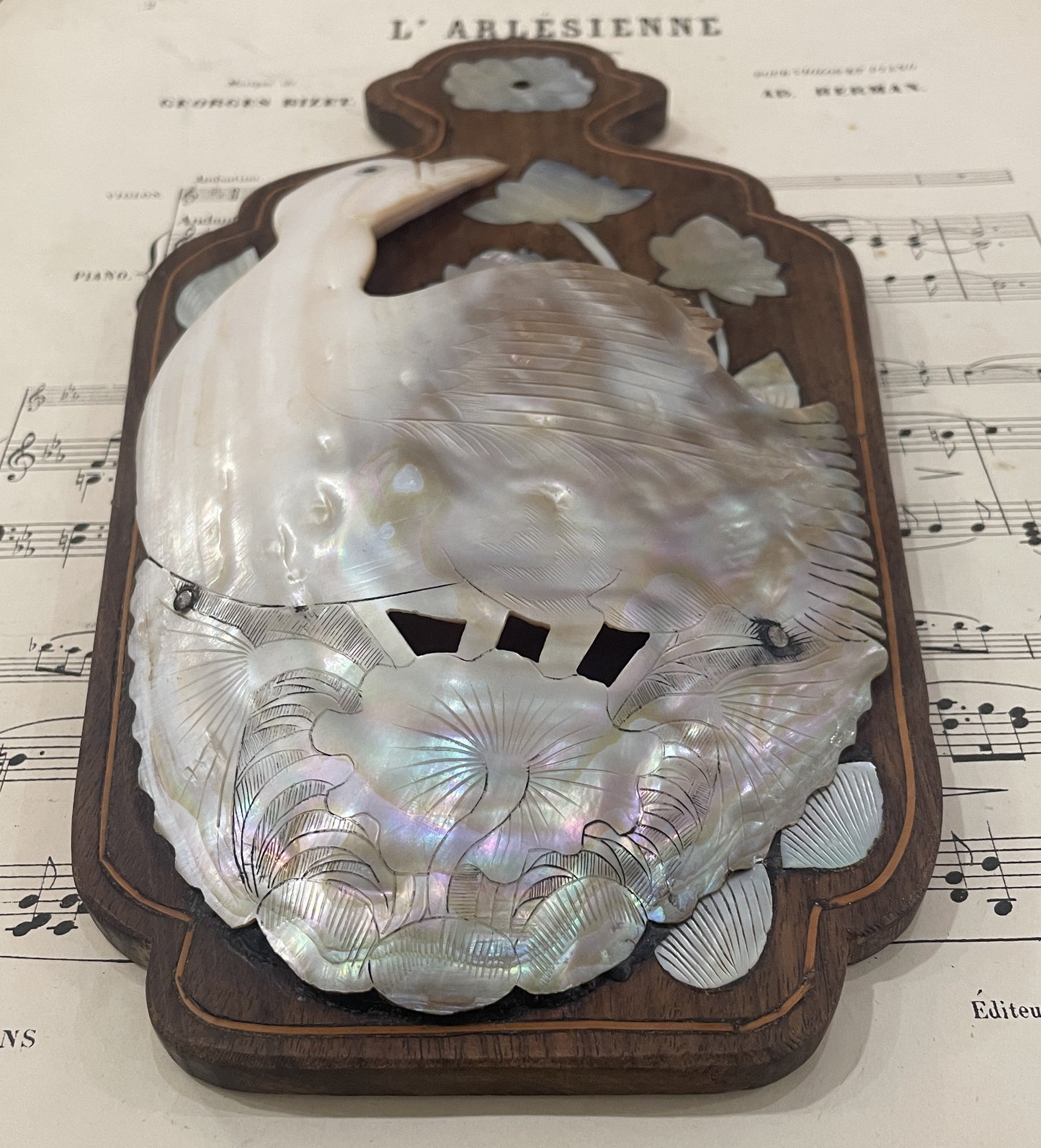 Rare Antique French Mother of Pearl Duck Fan Holder Curiosity c1920