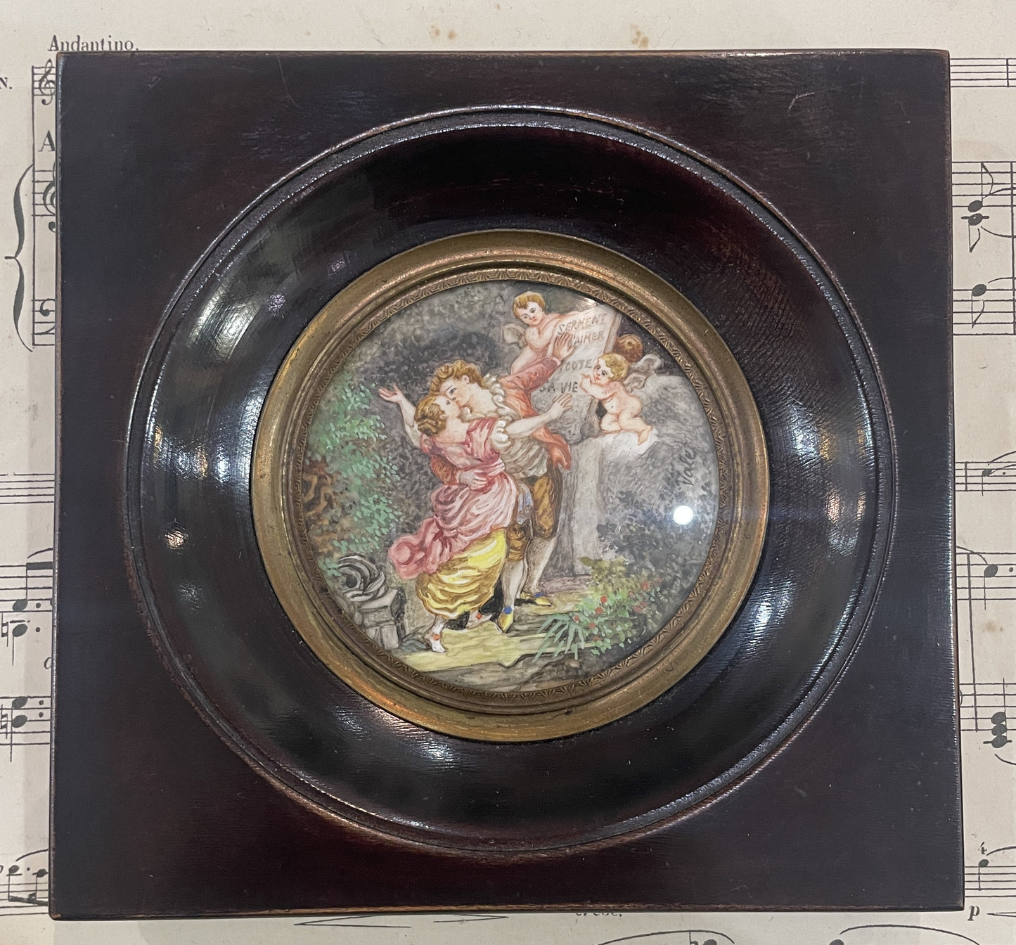 Antique French Hand Painted Miniature Love Angels Signed Vale c1900