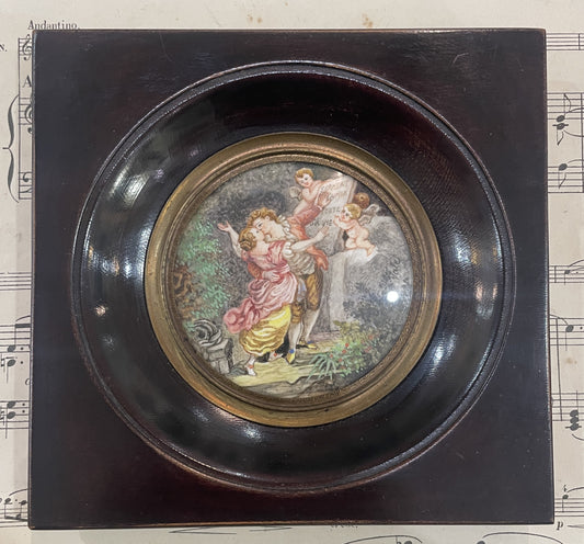 Antique French Hand Painted Miniature Love Angels Signed Vale c1900