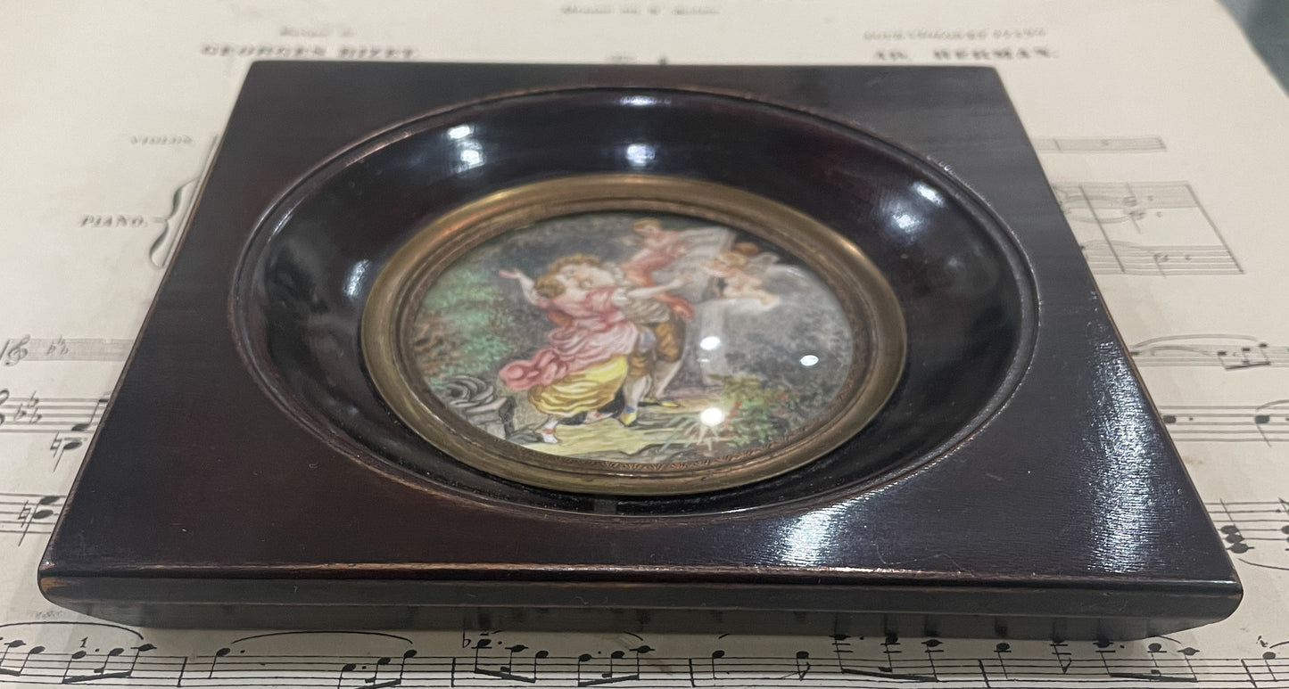 Antique French Hand Painted Miniature Love Angels Signed Vale c1900