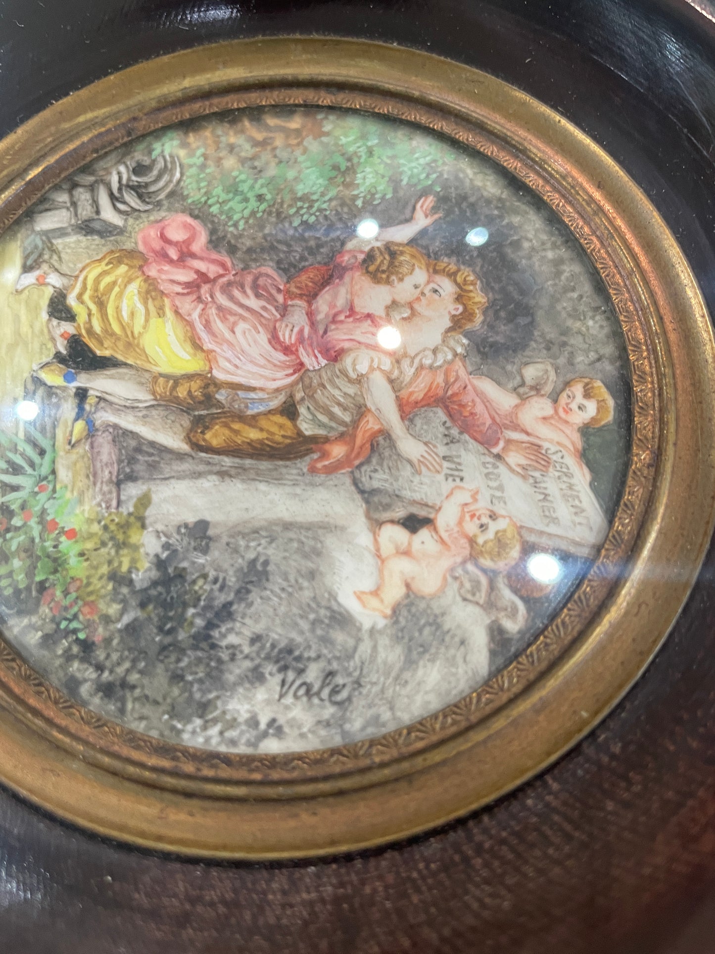 Antique French Hand Painted Miniature Love Angels Signed Vale c1900