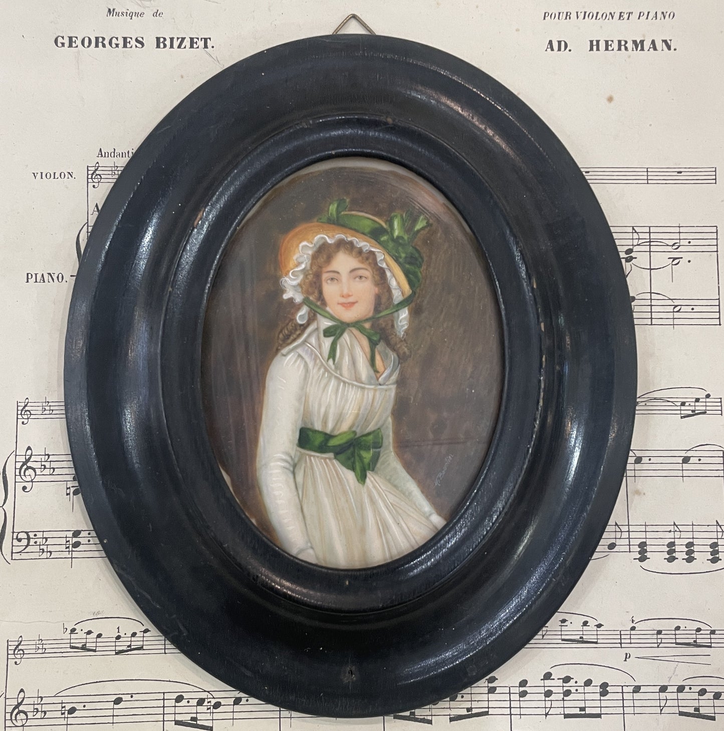 Antique French Hand Painted Miniature Woman Hat Madame Seriziat Signed Bouclier c1900