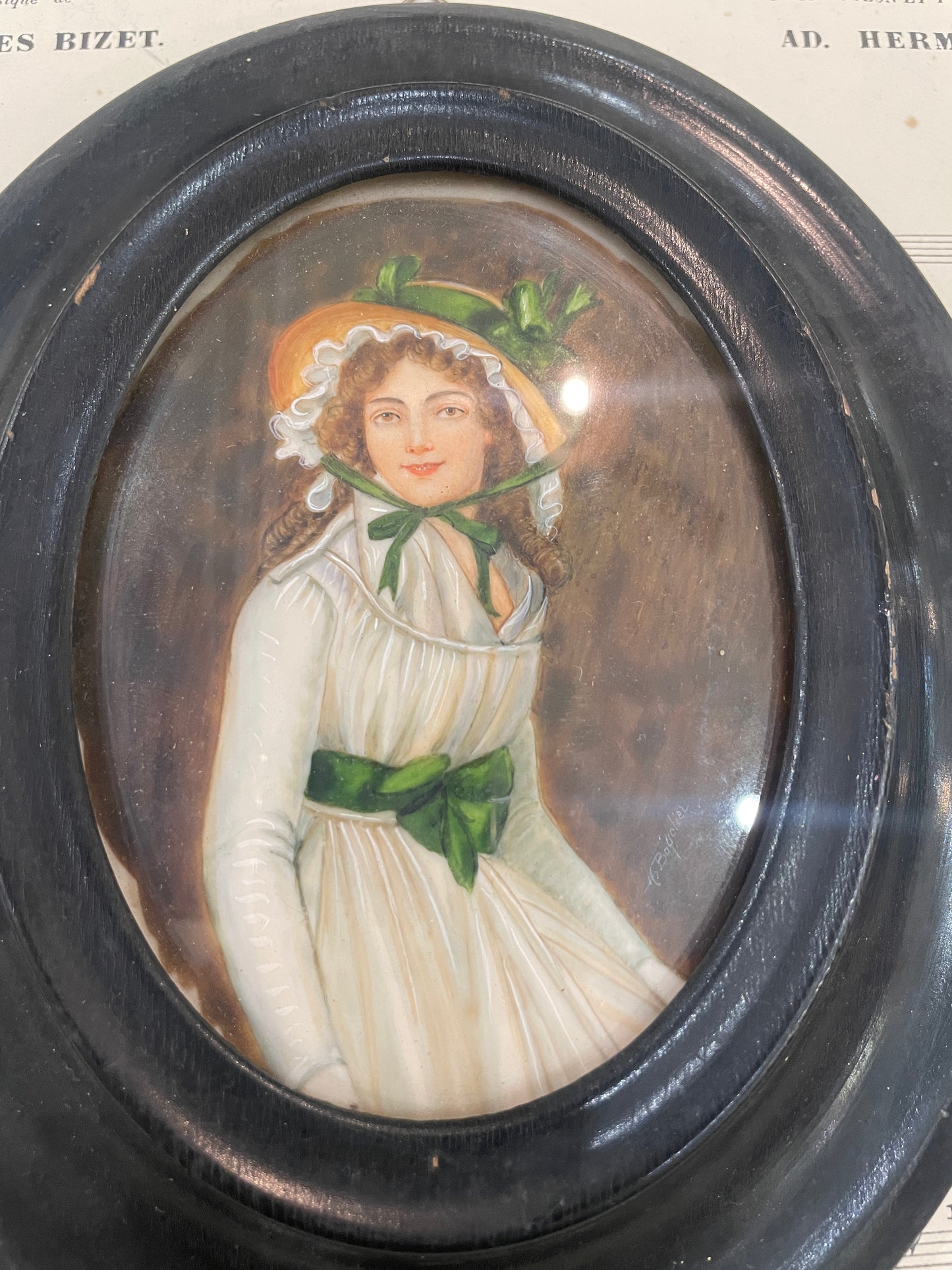 Antique French Hand Painted Miniature Woman Hat Madame Seriziat Signed Bouclier c1900