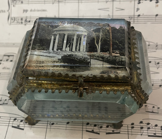 Antique French Eglomise Souvenir Jewelry Box Casket Versailles Temple of Love c1900