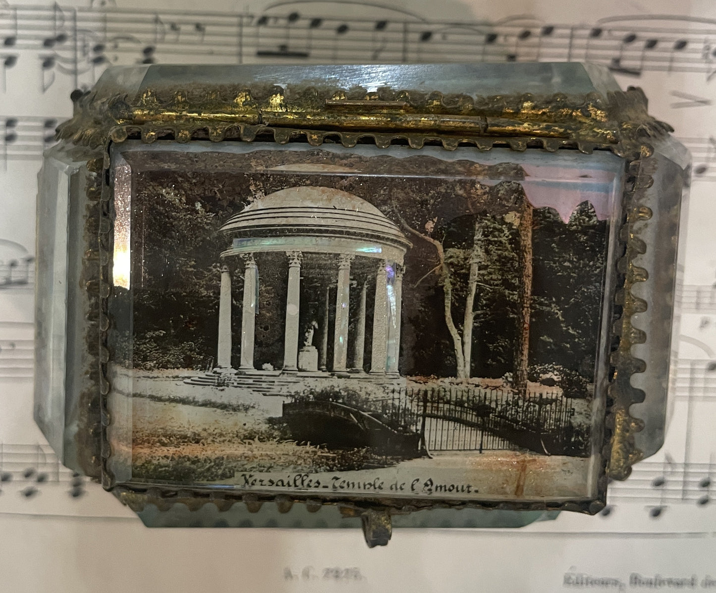 Antique French Eglomise Souvenir Jewelry Box Casket Versailles Temple of Love c1900