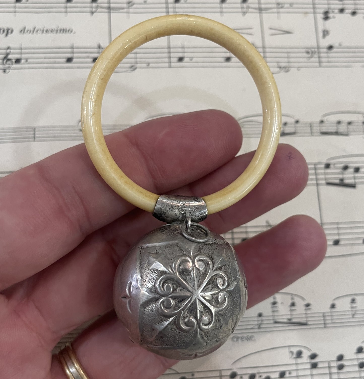 Rare Antique French Art Nouveau Silver 800 Baby Rattle c1900