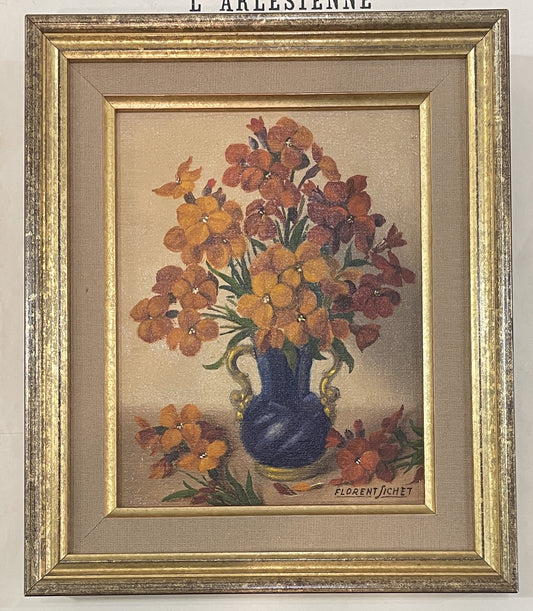 Vintage French Oil on Canvas Still Life Flowers Signed Florent Sichet c1980