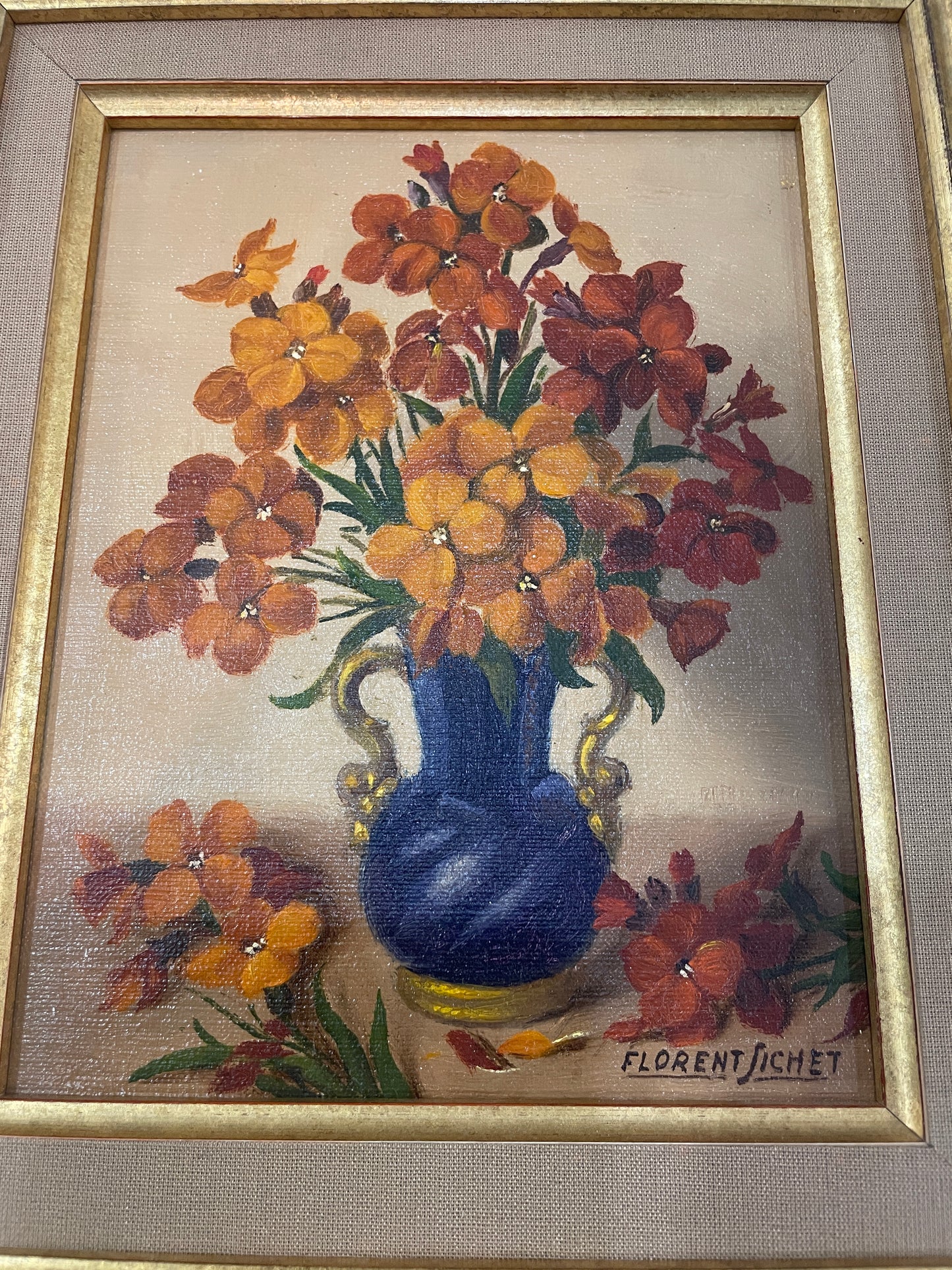 Vintage French Oil on Canvas Still Life Flowers Signed Florent Sichet c1980
