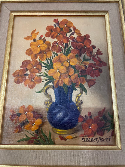 Vintage French Oil on Canvas Still Life Flowers Signed Florent Sichet c1980