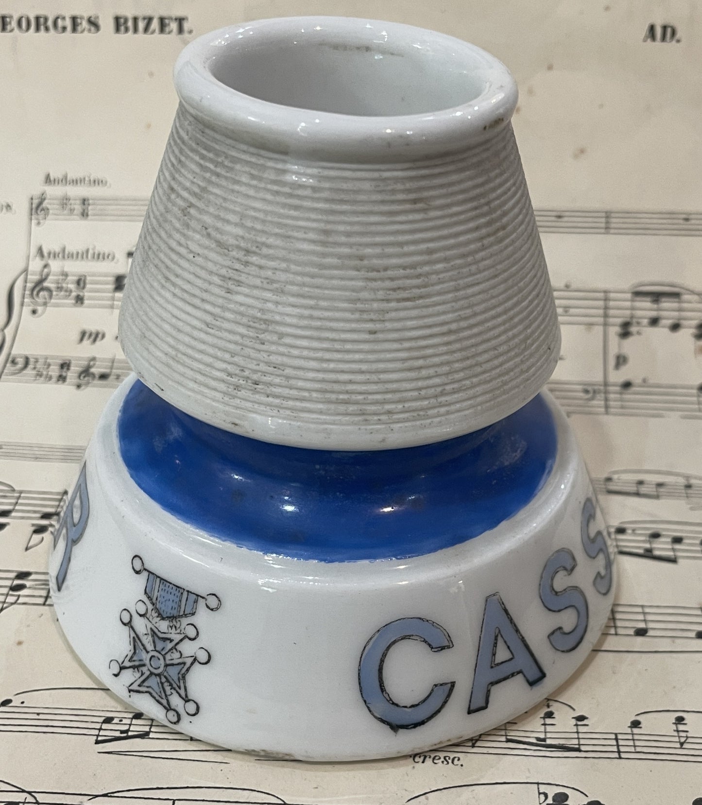 Antique French Advertising Match Striker Holder Cassis Mugnet Ceramic Porcelain c1920