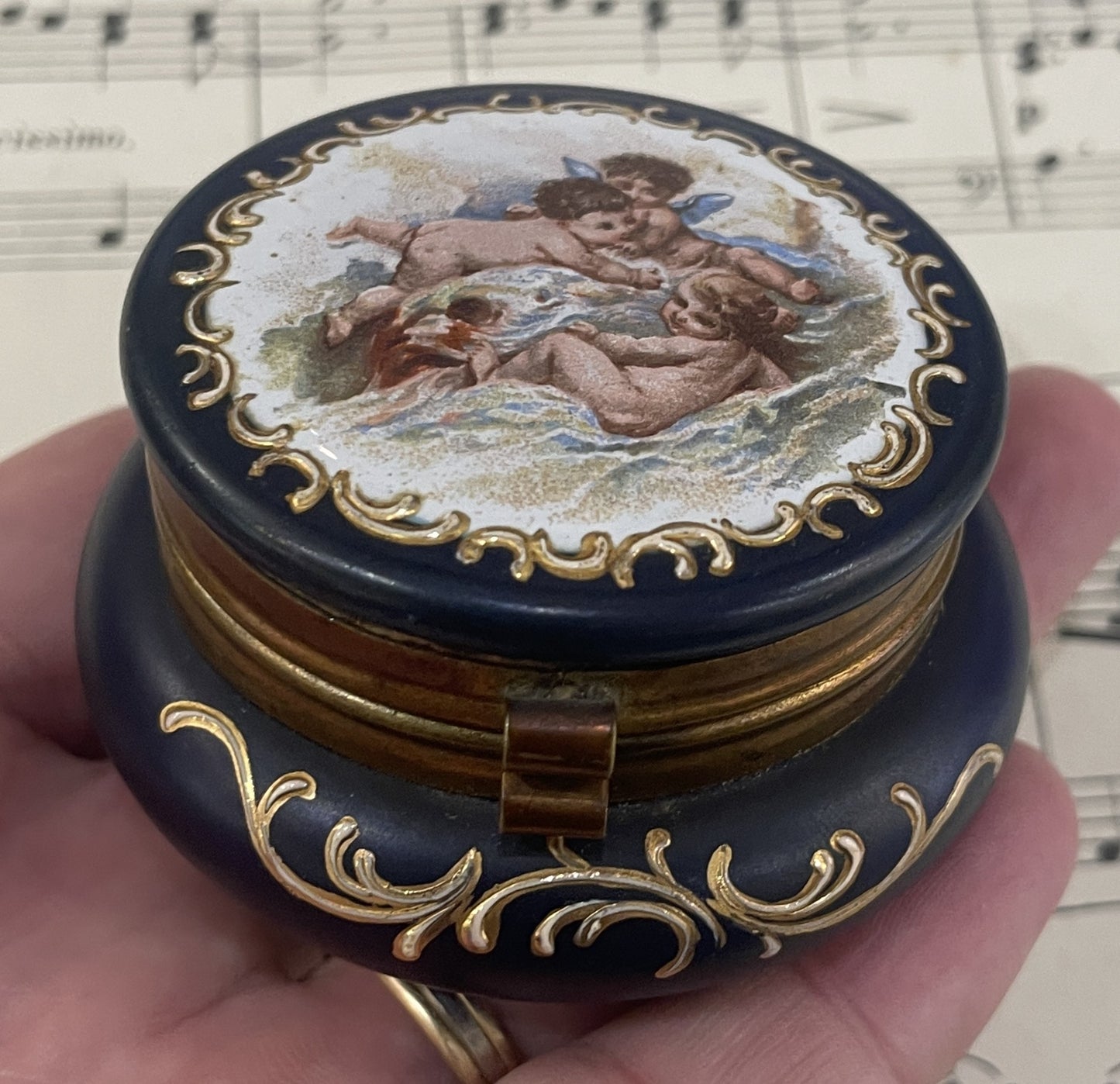 Rare Antique French Gilt Brass Blue Glass Hand Painted Enameled Box Angels c1900