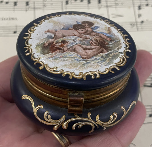 Rare Antique French Gilt Brass Blue Glass Hand Painted Enameled Box Angels c1900