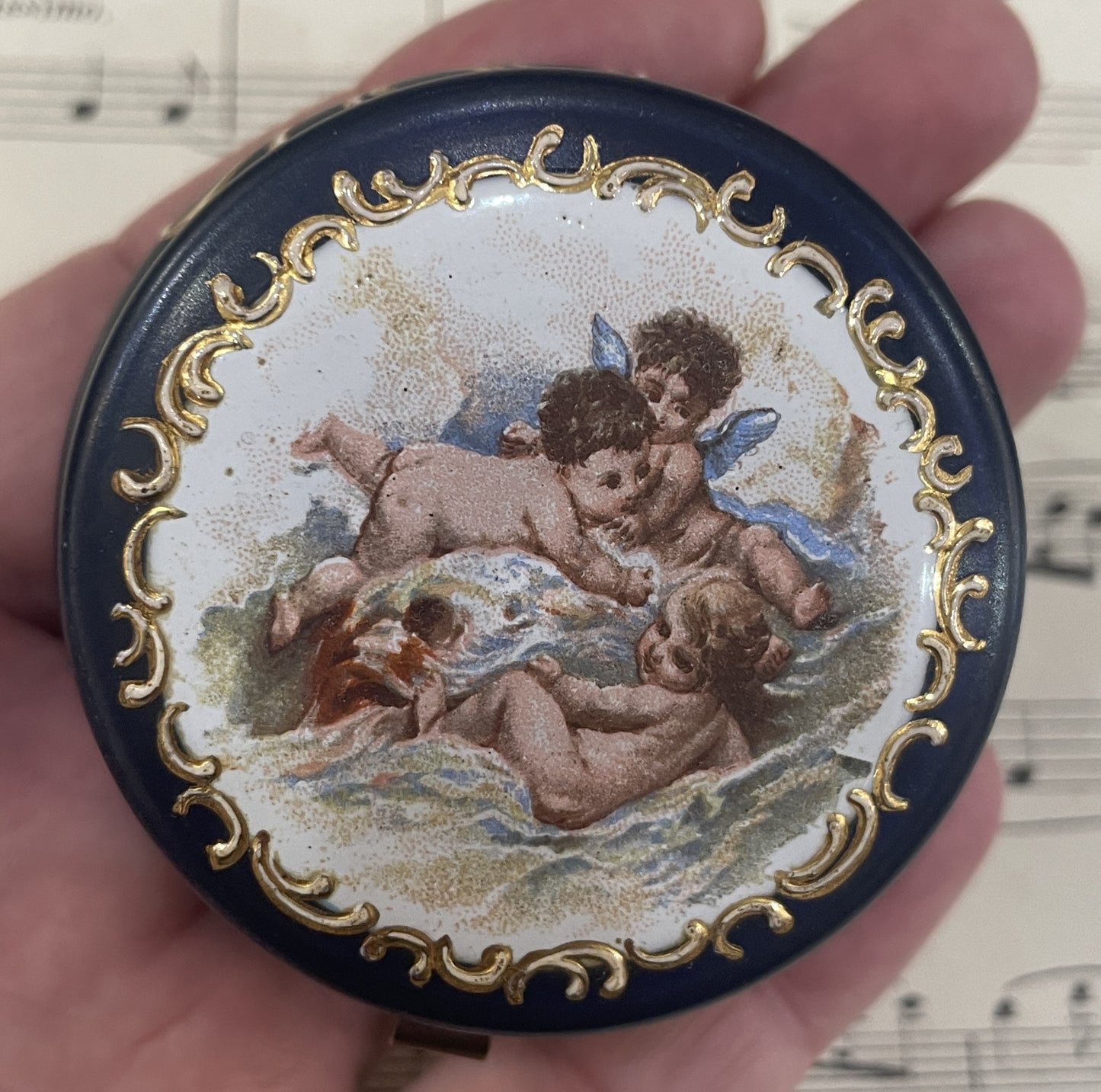 Rare Antique French Gilt Brass Blue Glass Hand Painted Enameled Box Angels c1900