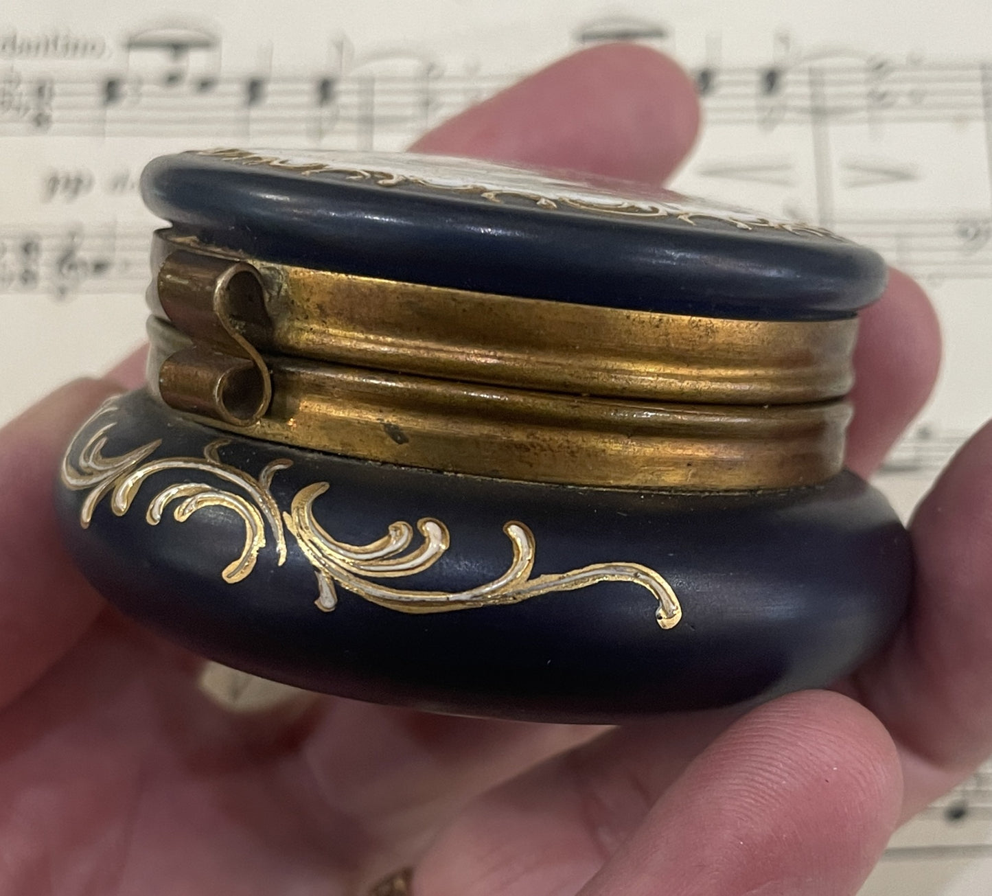 Rare Antique French Gilt Brass Blue Glass Hand Painted Enameled Box Angels c1900