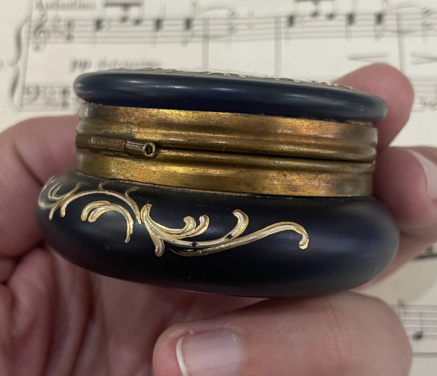 Rare Antique French Gilt Brass Blue Glass Hand Painted Enameled Box Angels c1900
