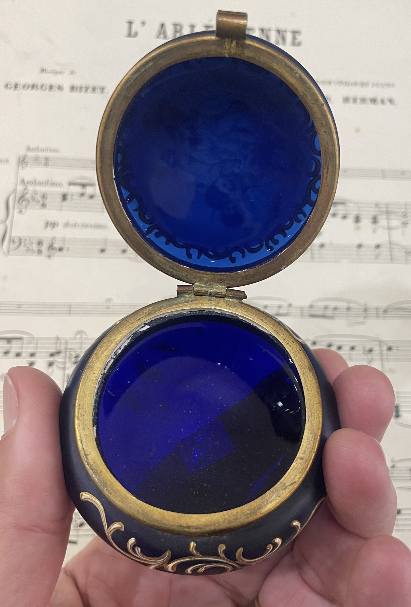 Rare Antique French Gilt Brass Blue Glass Hand Painted Enameled Box Angels c1900