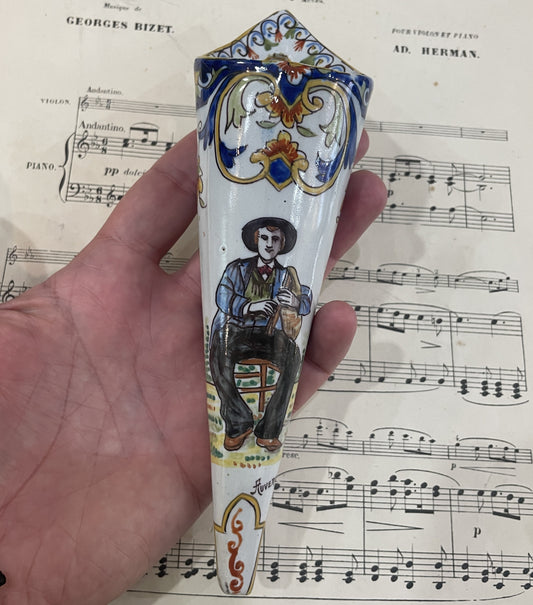 Rare Antique French Quimper Faience Pottery Wall Vase Bouquetiere Musician Auvergne c1880