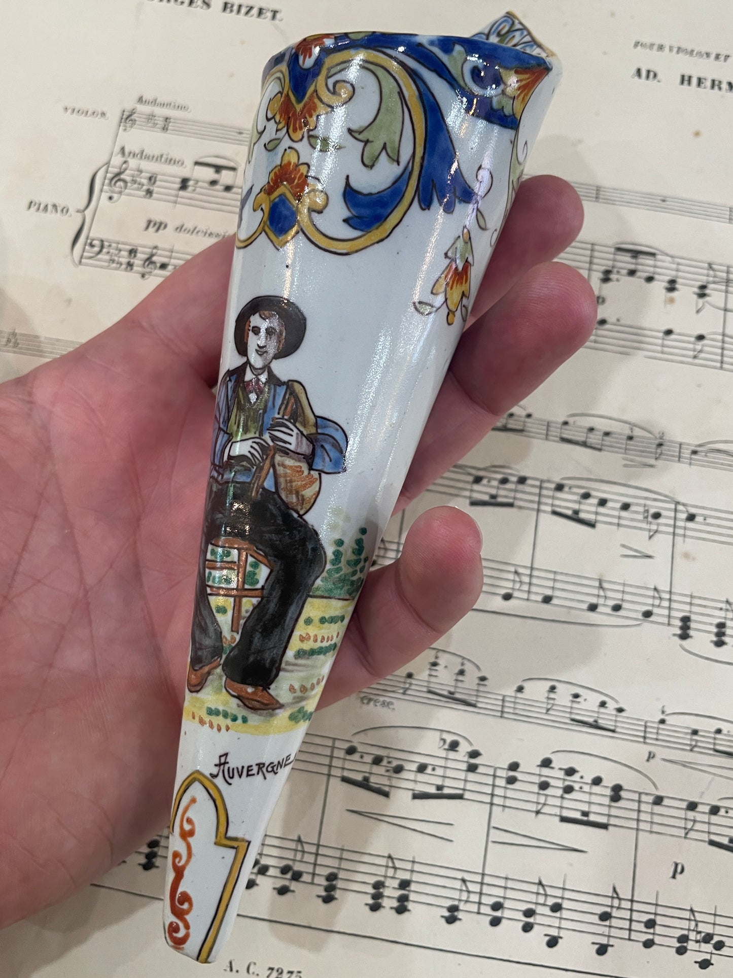 Rare Antique French Quimper Faience Pottery Wall Vase Bouquetiere Musician Auvergne c1880