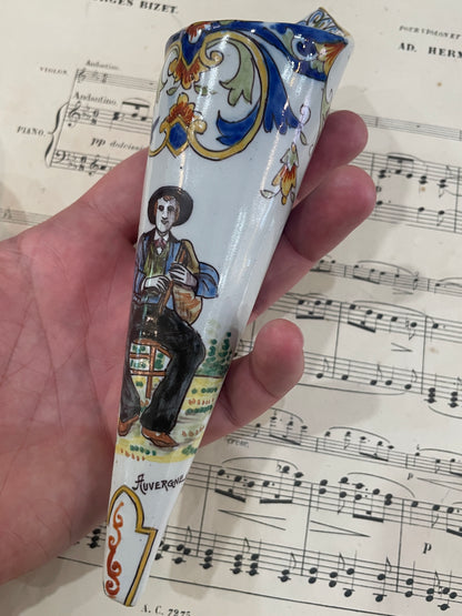 Rare Antique French Quimper Faience Pottery Wall Vase Bouquetiere Musician Auvergne c1880