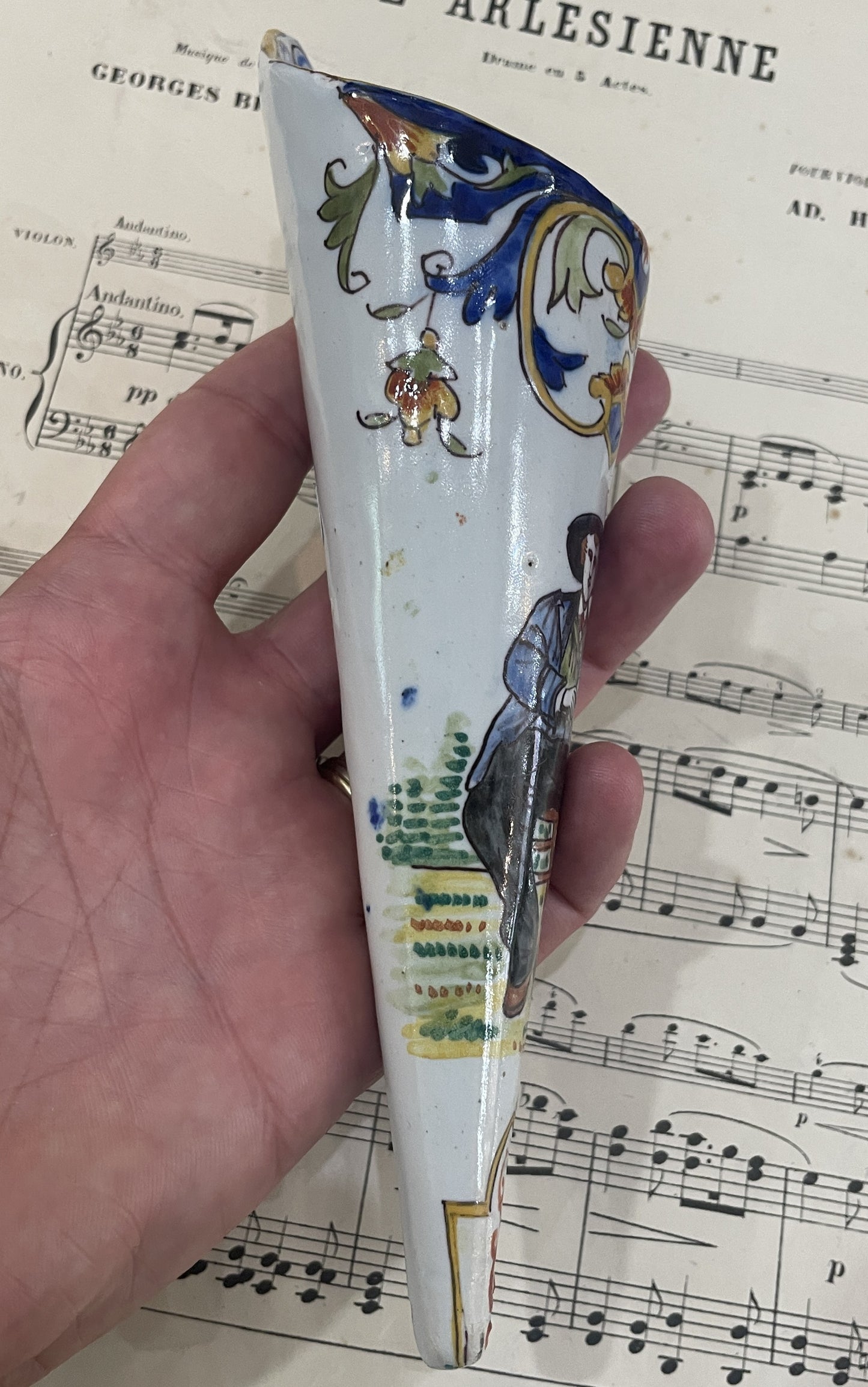 Rare Antique French Quimper Faience Pottery Wall Vase Bouquetiere Musician Auvergne c1880
