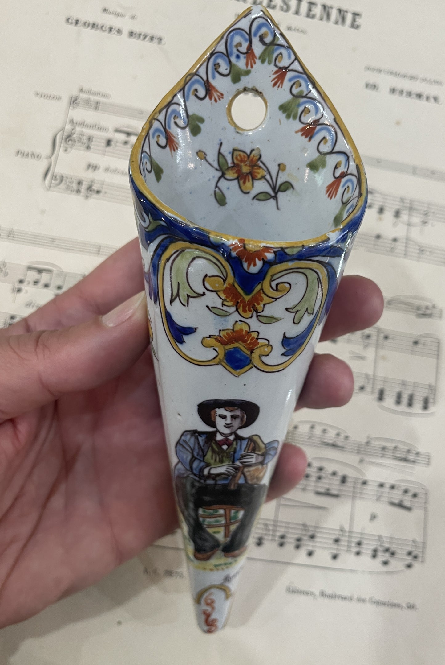 Rare Antique French Quimper Faience Pottery Wall Vase Bouquetiere Musician Auvergne c1880