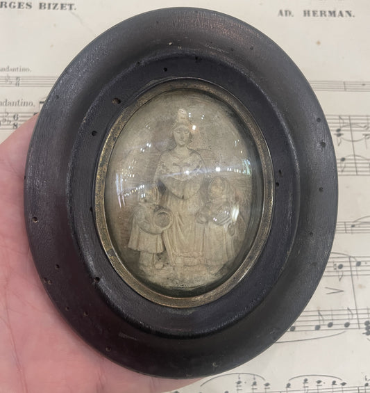 Antique French Carved Plaster Our Lady of La Salette Domed Glass c1900