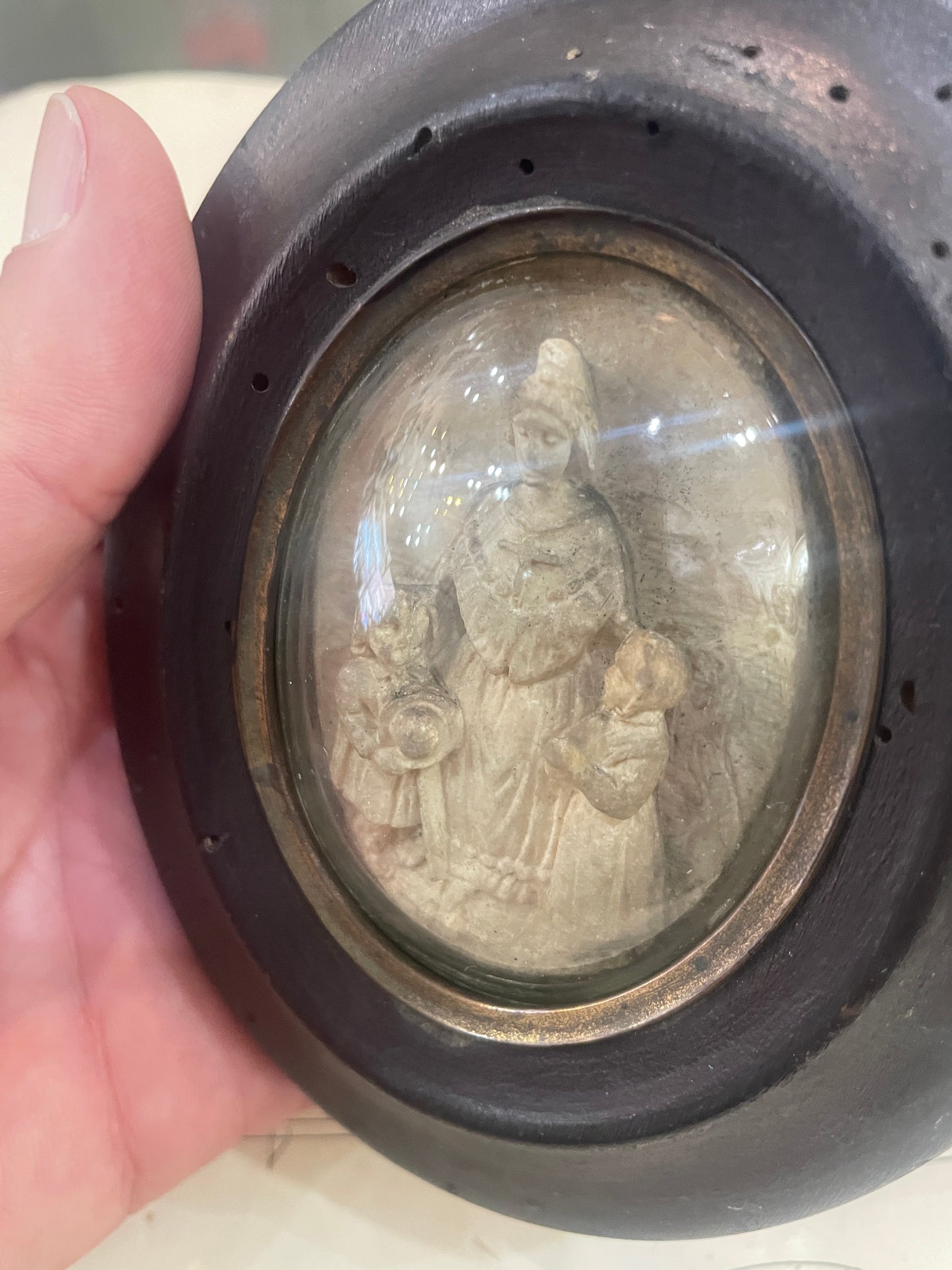 Antique French Carved Plaster Our Lady of La Salette Domed Glass c1900