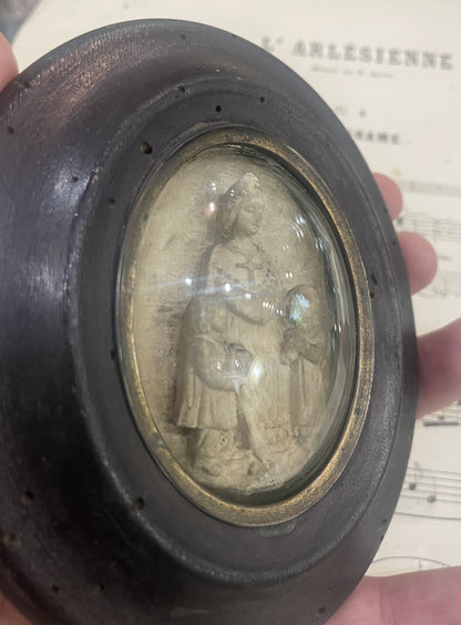 Antique French Carved Plaster Our Lady of La Salette Domed Glass c1900