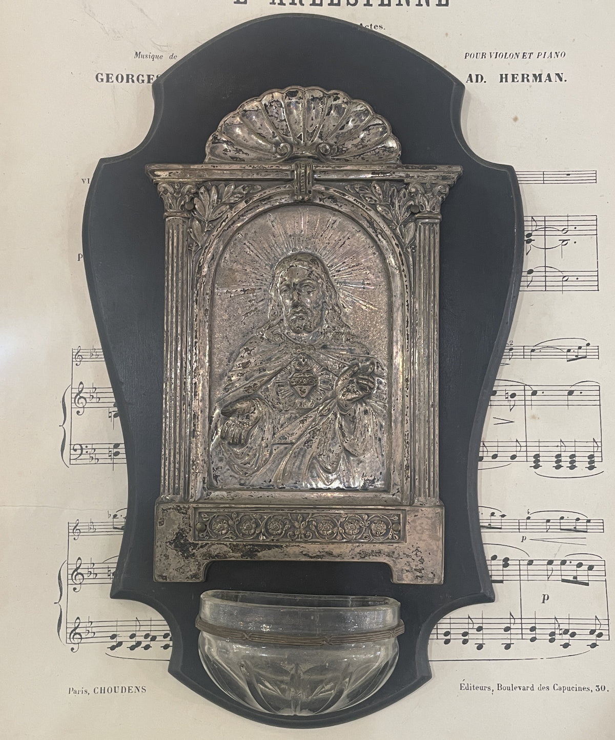 Large Antique French Wood Holy Water Font Jesus Sacred Heart c1880