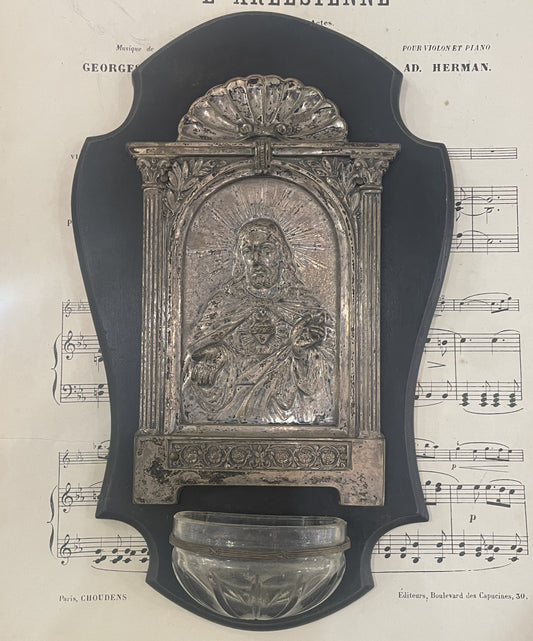 Large Antique French Wood Holy Water Font Jesus Sacred Heart c1880