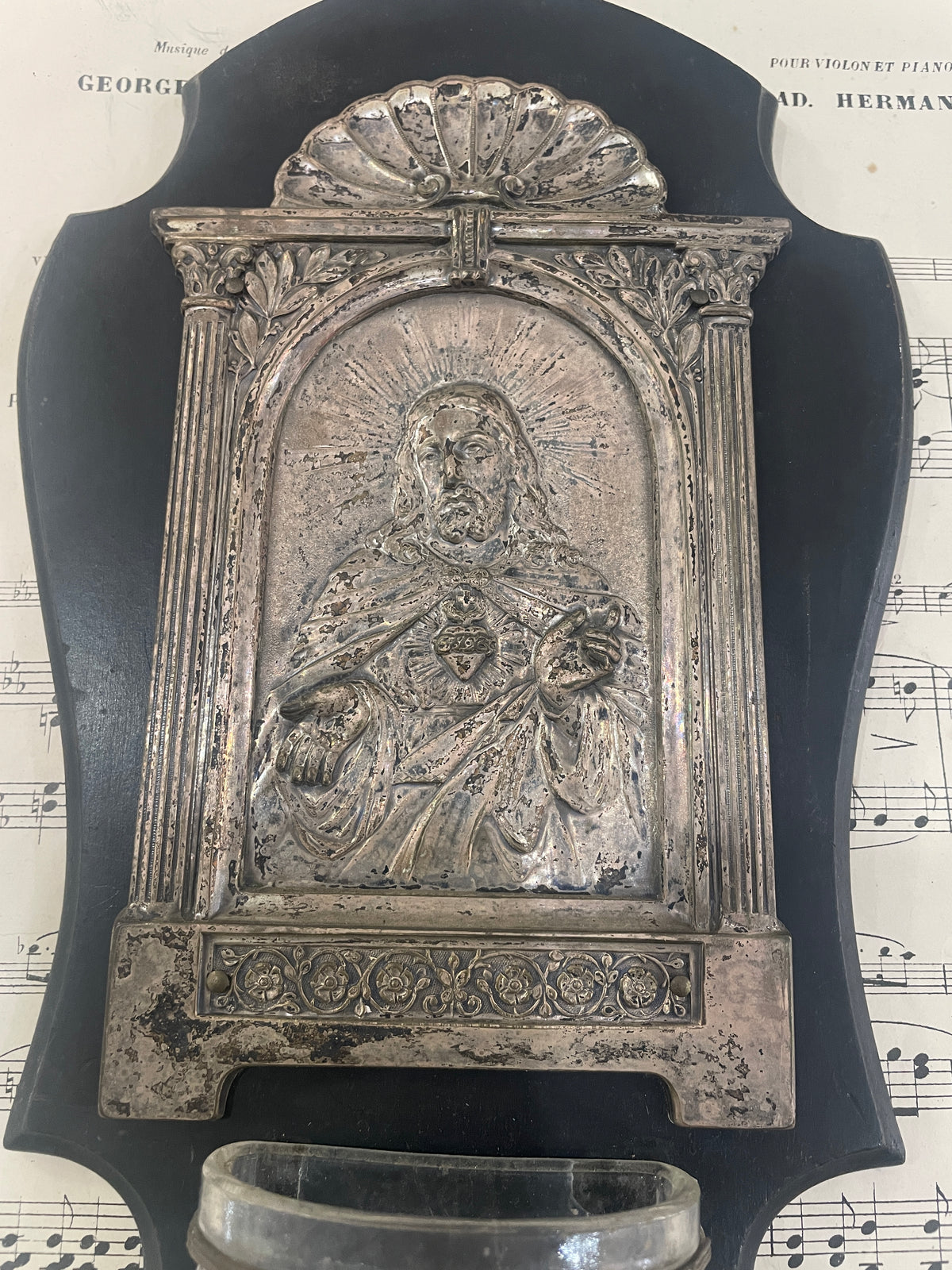 Large Antique French Wood Holy Water Font Jesus Sacred Heart c1880