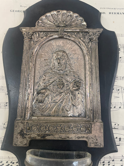Large Antique French Wood Holy Water Font Jesus Sacred Heart c1880