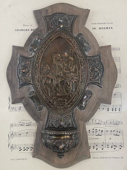 Rare Large Antique French Wood Holy Water Font Angel c1880