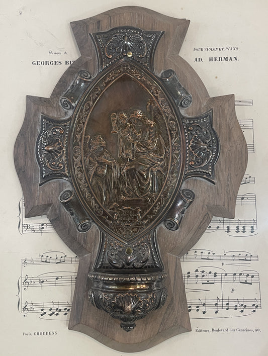 Rare Large Antique French Wood Holy Water Font Angel c1880