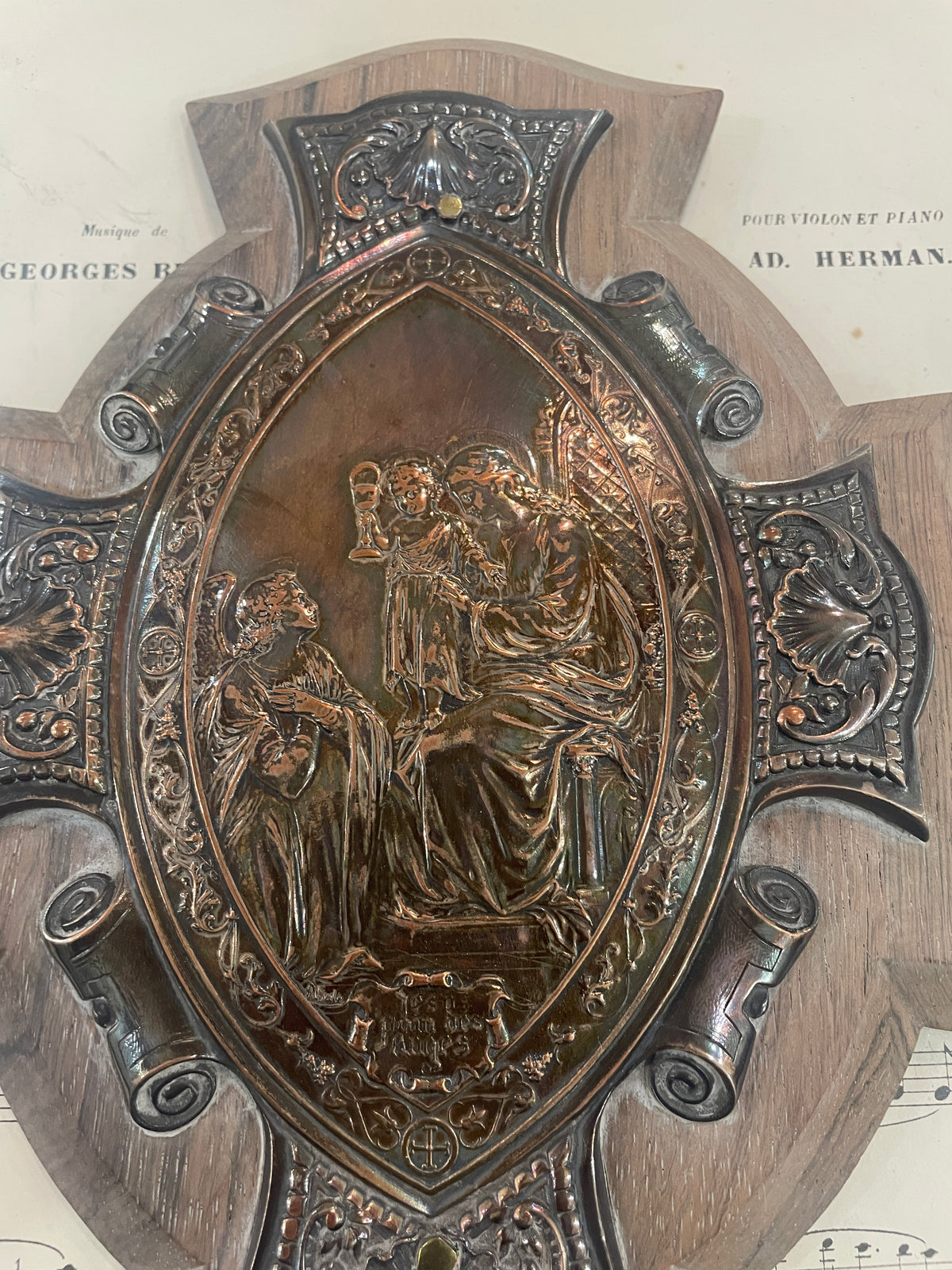Rare Large Antique French Wood Holy Water Font Angel c1880