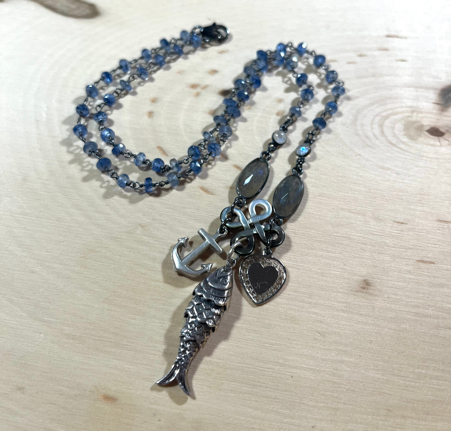 Sterling fish, anchor, heart and gemstone necklace