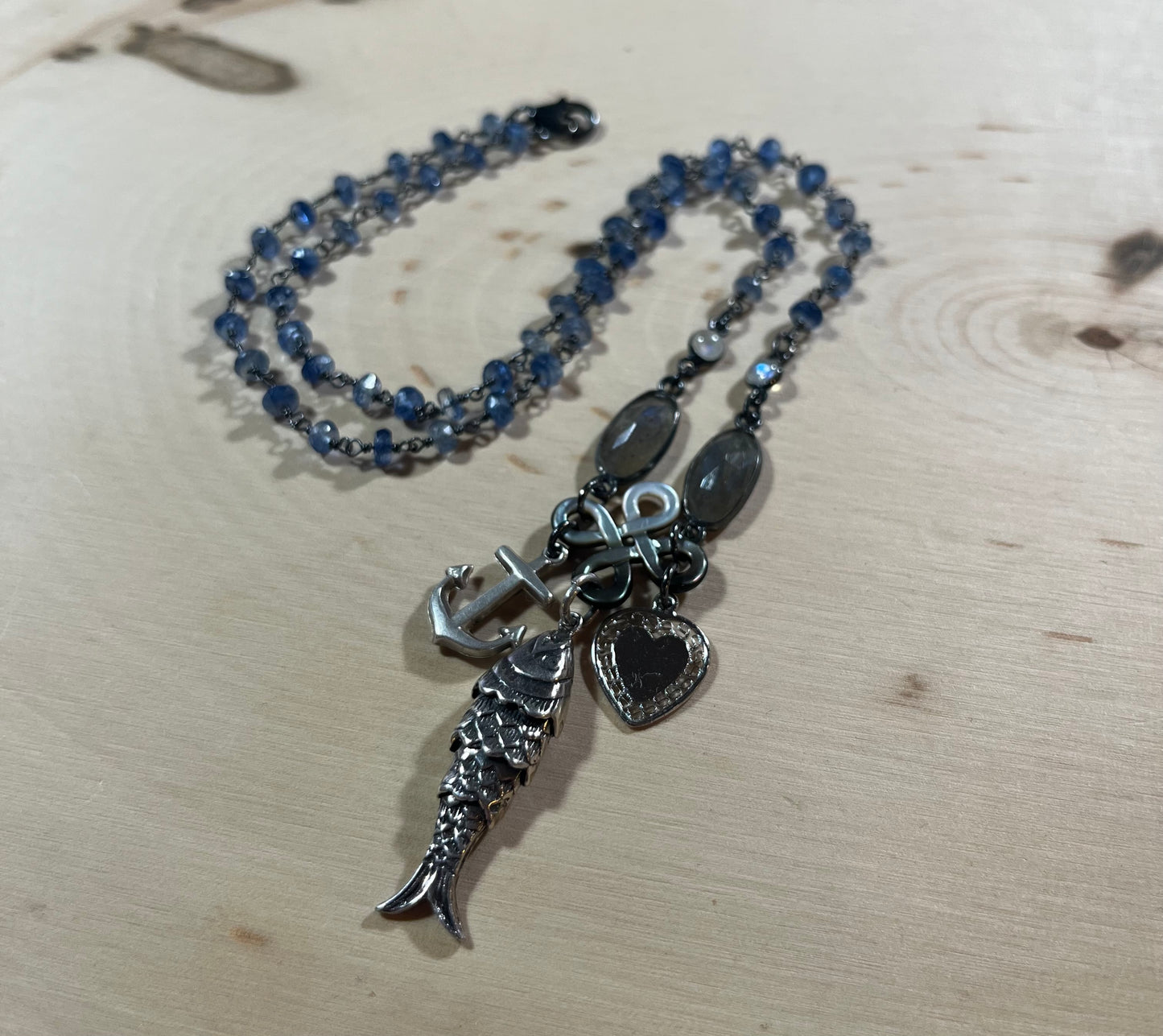 Sterling fish, anchor, heart and gemstone necklace