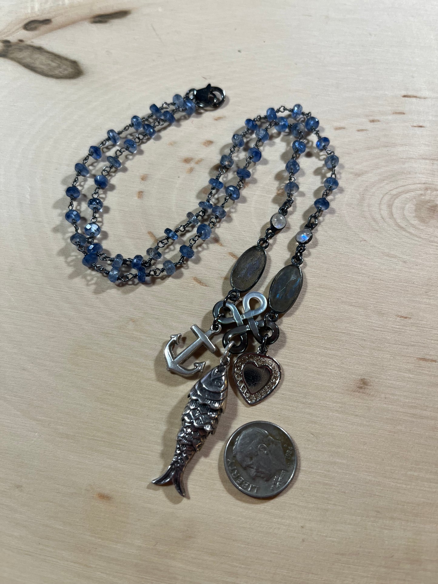 Sterling fish, anchor, heart and gemstone necklace